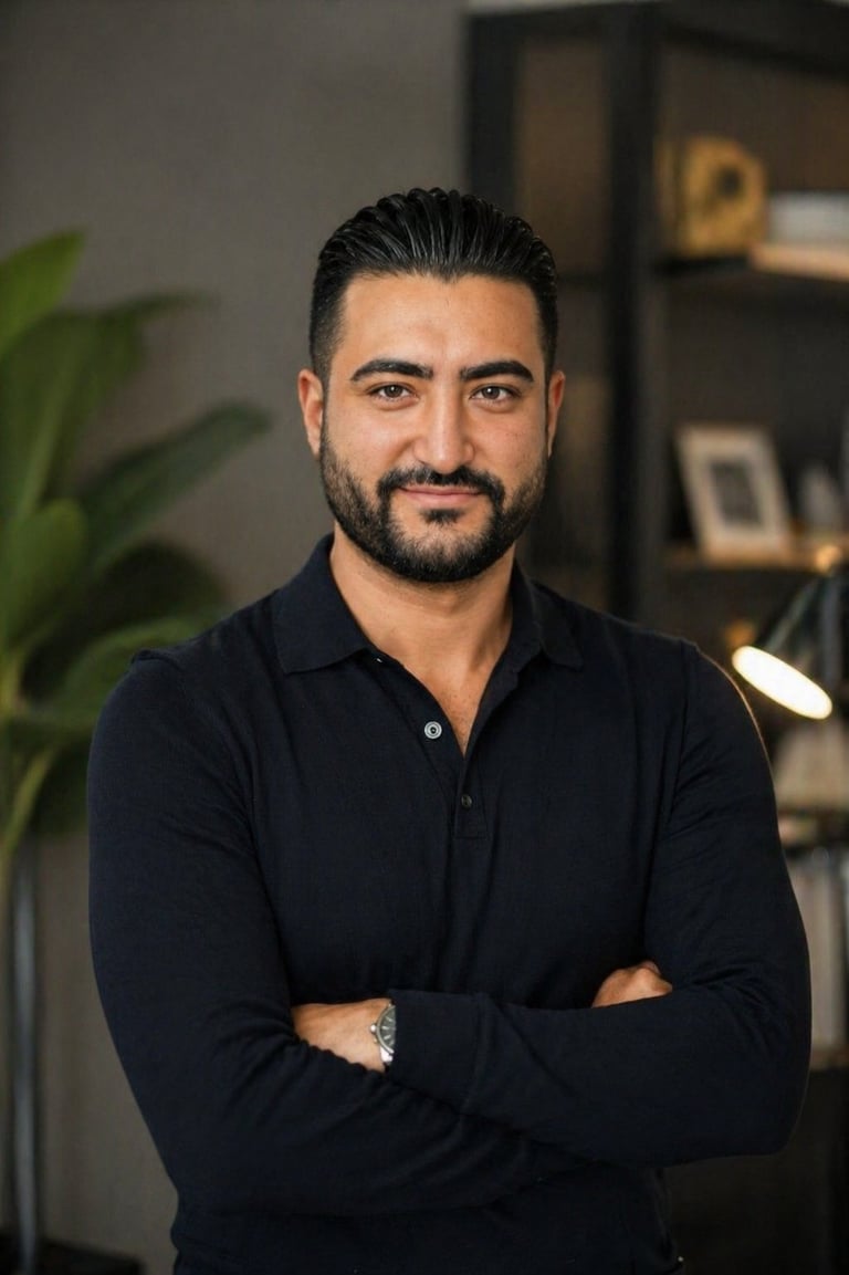 Professional man with dark hair and beard wearing navy blazer and light blue shirt, arms crossed, smiling at camera in modern office setting