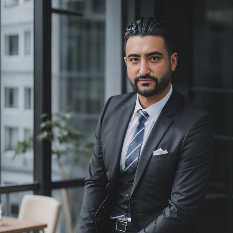 Professional man in dark business suit and striped tie posing in modern office with city view windows