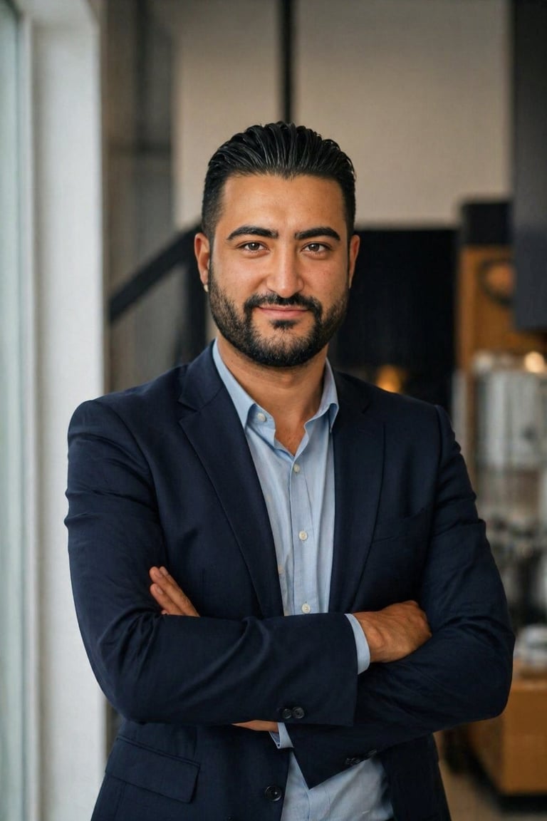Professional man with dark hair and beard wearing navy blazer and light blue shirt, arms crossed, smiling at camera in modern office setting